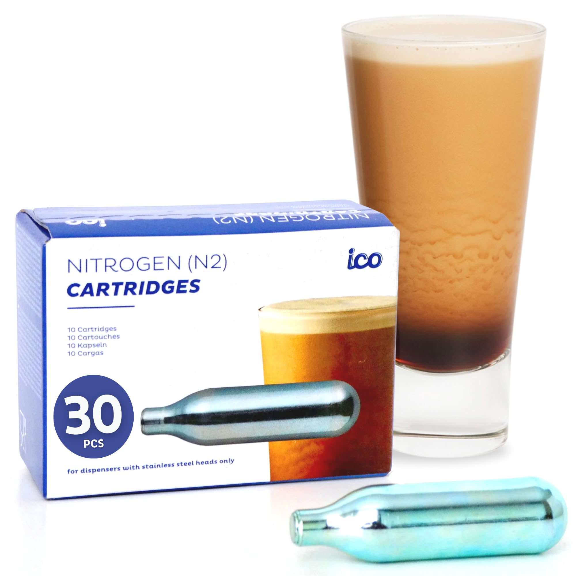 ICO front box of 30 2g N2 cartridges showing quantity and brand benefits