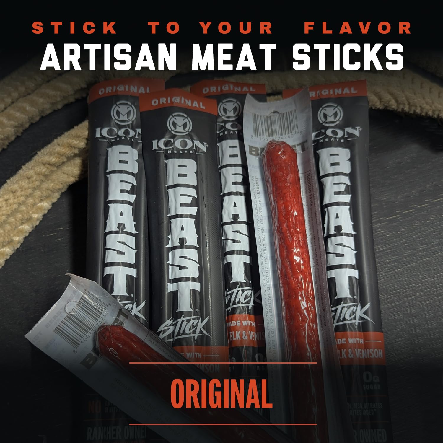 ICON Meats close-up texture of stick highlighting natural meat quality