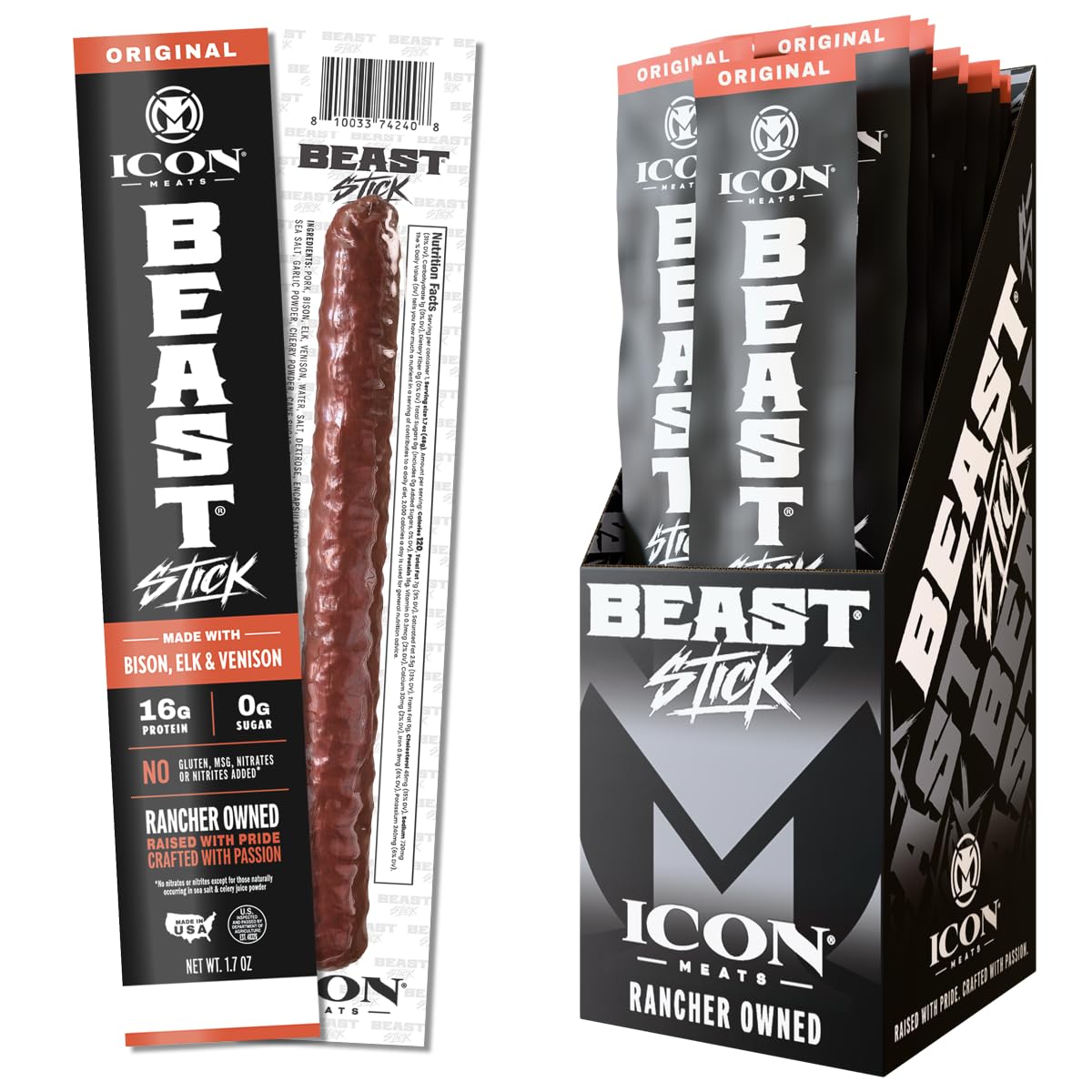 ICON Meats front packaging showing 16-pack and Original flavor benefits