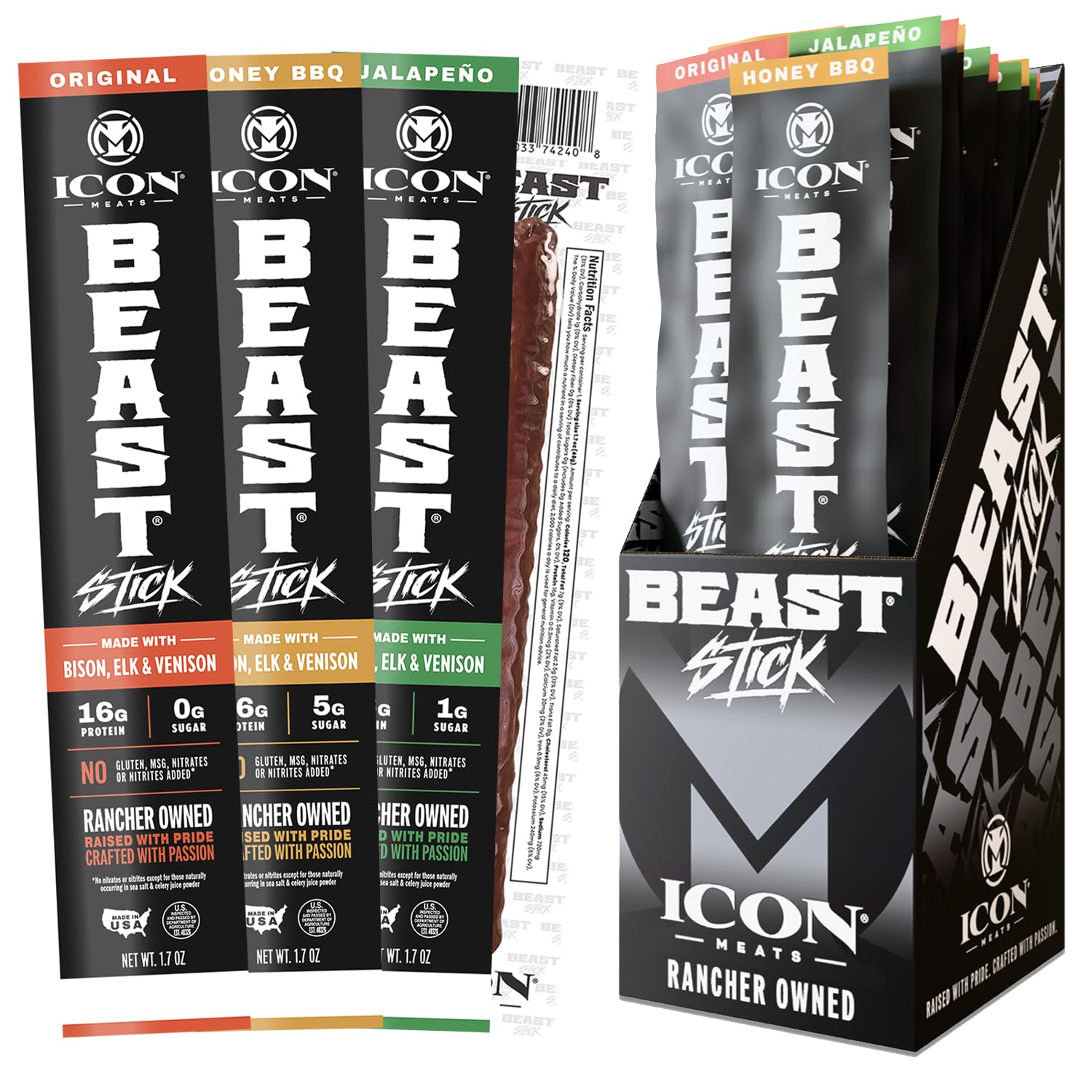 ICON Meats front packaging showing 16-pack sampler and nutritional highlights