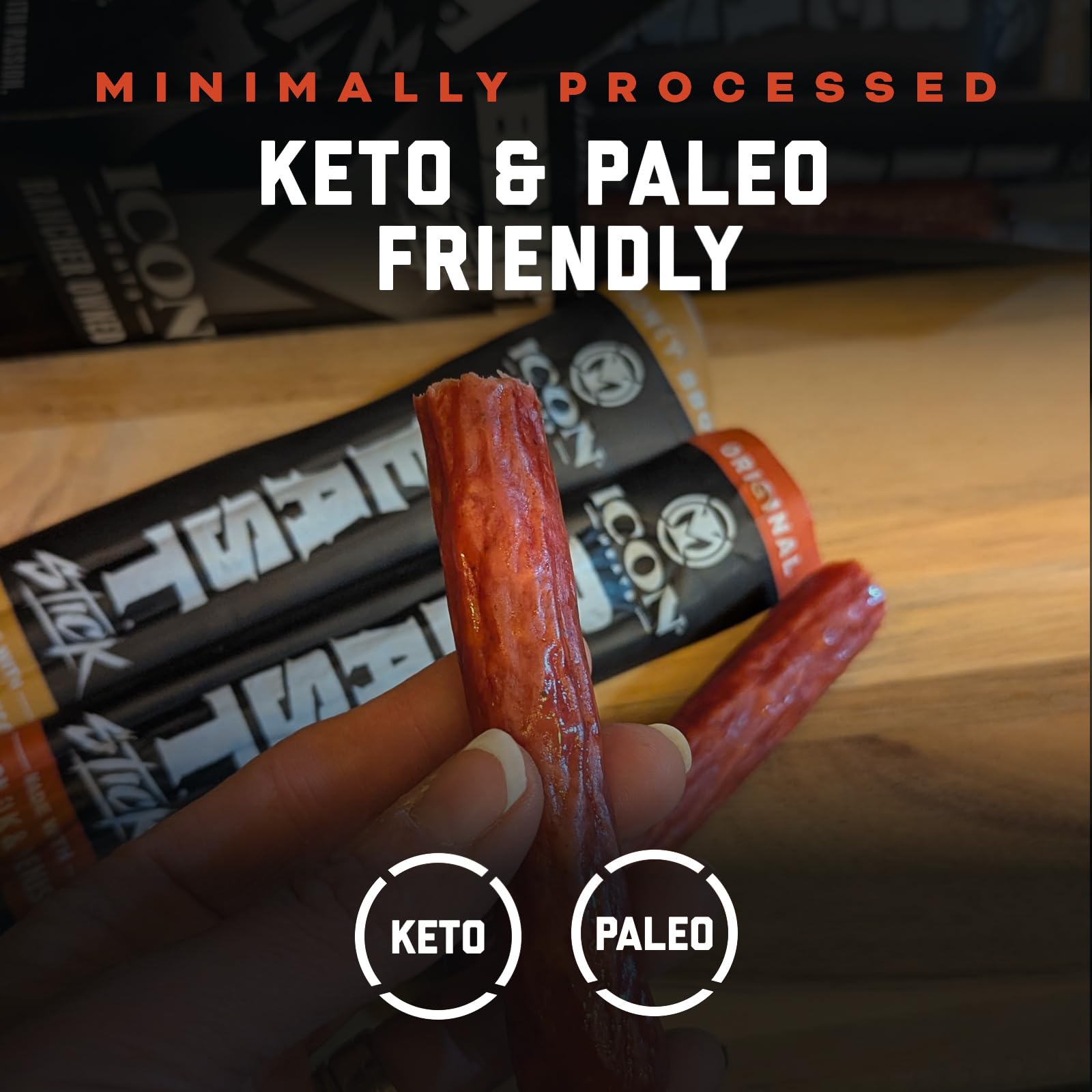 ICON Meats individually wrapped sticks array demonstrating grab-and-go ease