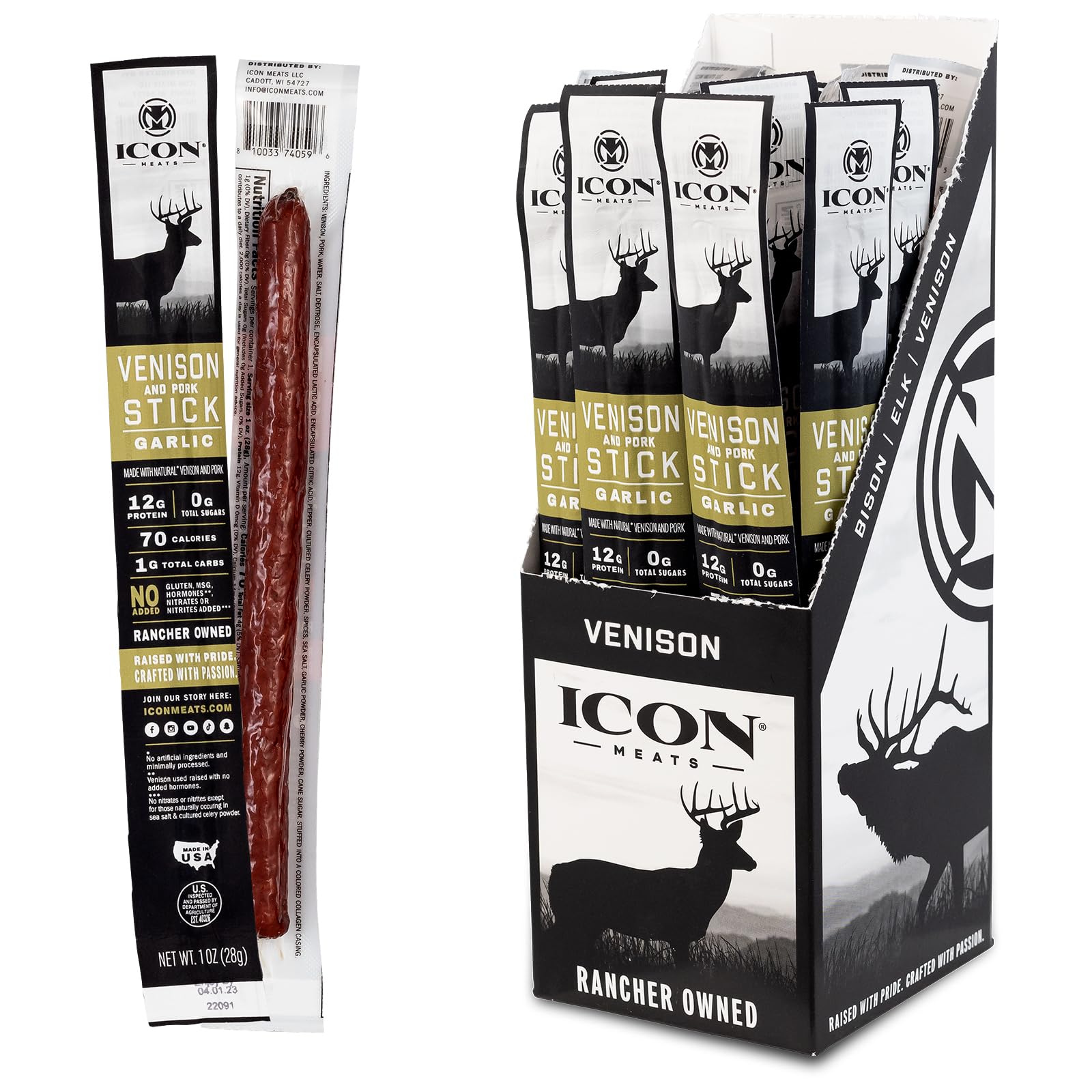 ICON Meats front packaging 24 pack showing garlic venison pork benefits