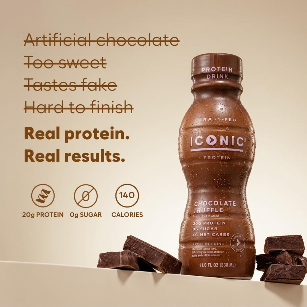 ICONIC bottle close-up label highlighting grass-fed protein and sugar-free