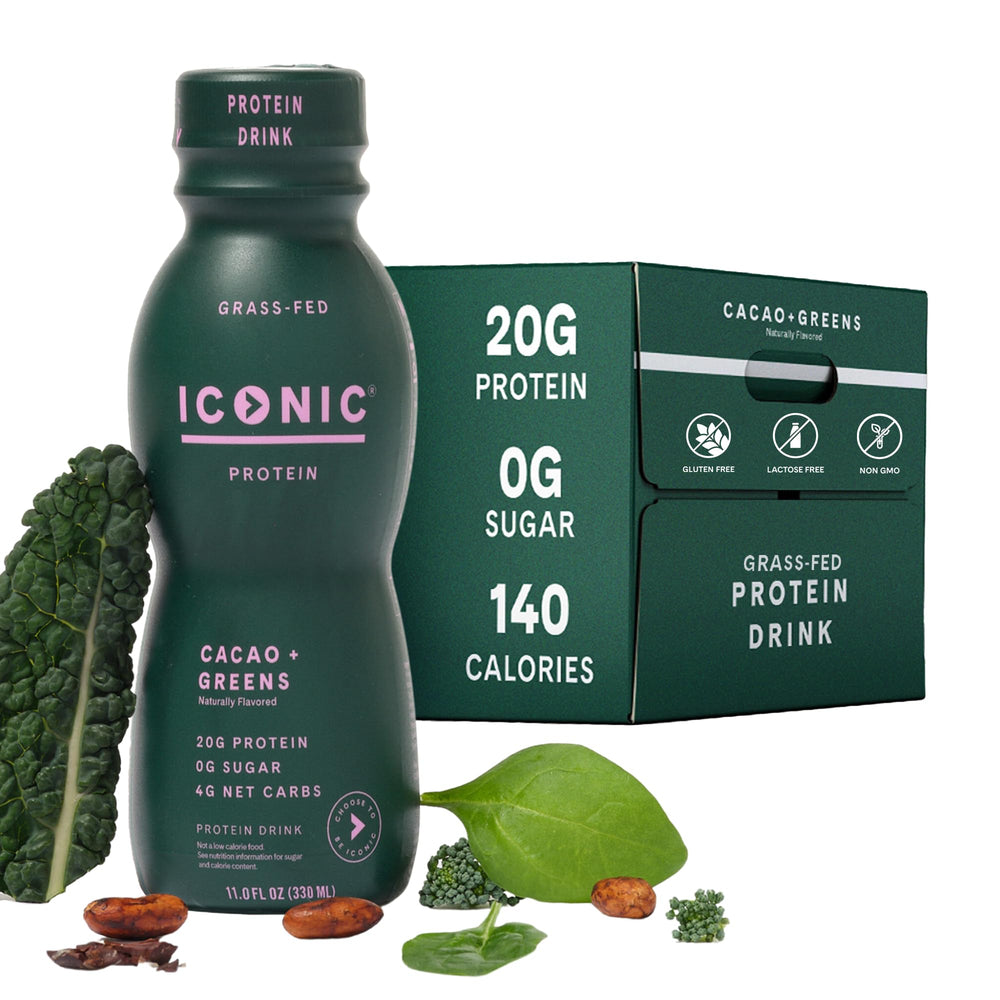 ICONIC front packaging showing cacao and greens, highlights high protein benefit