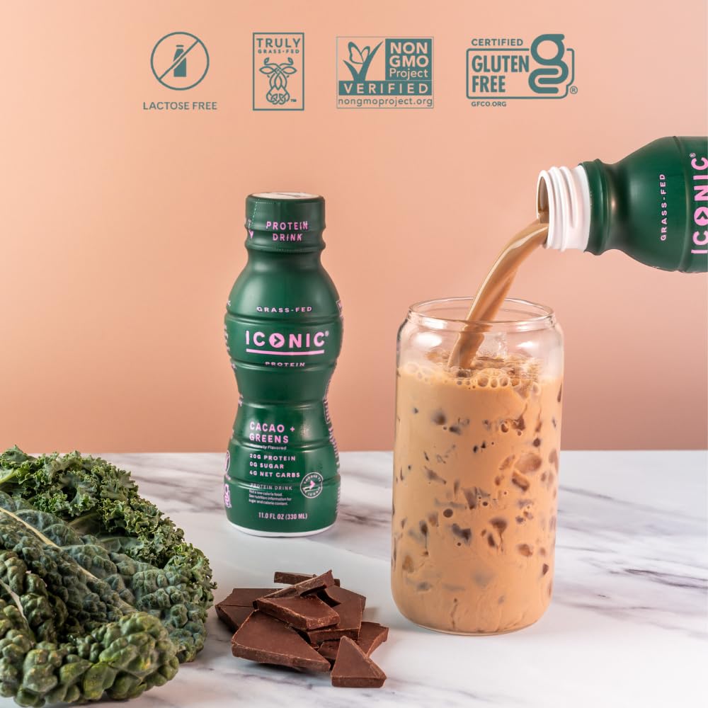 ICONIC ingredients flatlay with organic greens and cacao offering nutrient boost