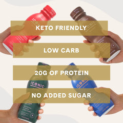 ICONIC bottle beside cocoa nibs and milk alternative showing natural ingredients