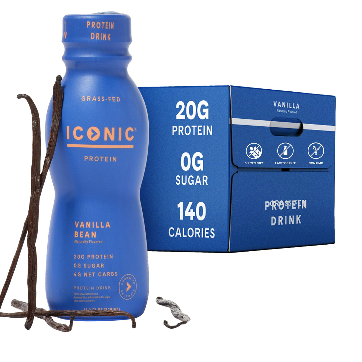 ICONIC front packaging showing vanilla bean flavor and 12-pack convenience