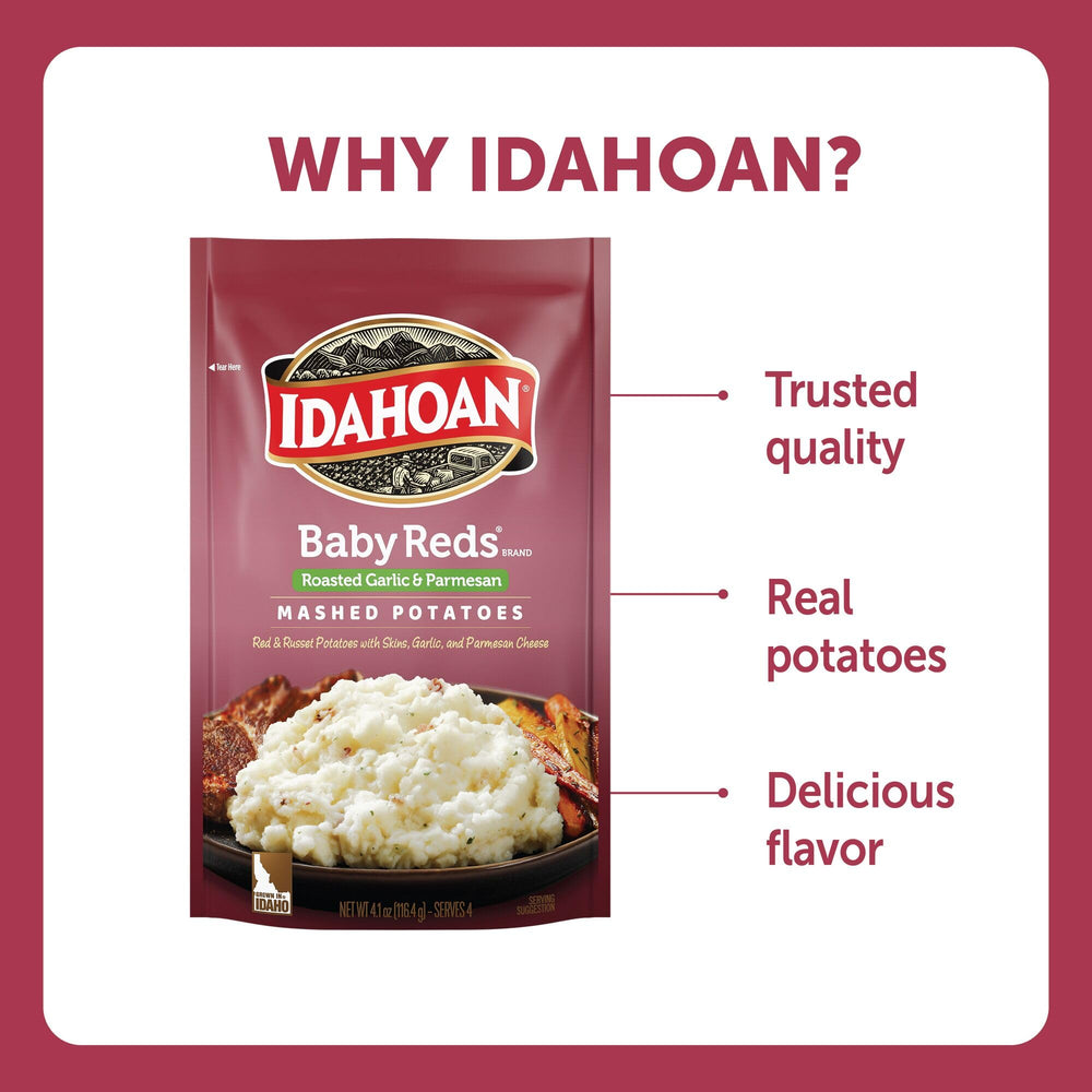 Idahoan ingredient label on pouch showing 100% real Idaho potatoes and gluten-free