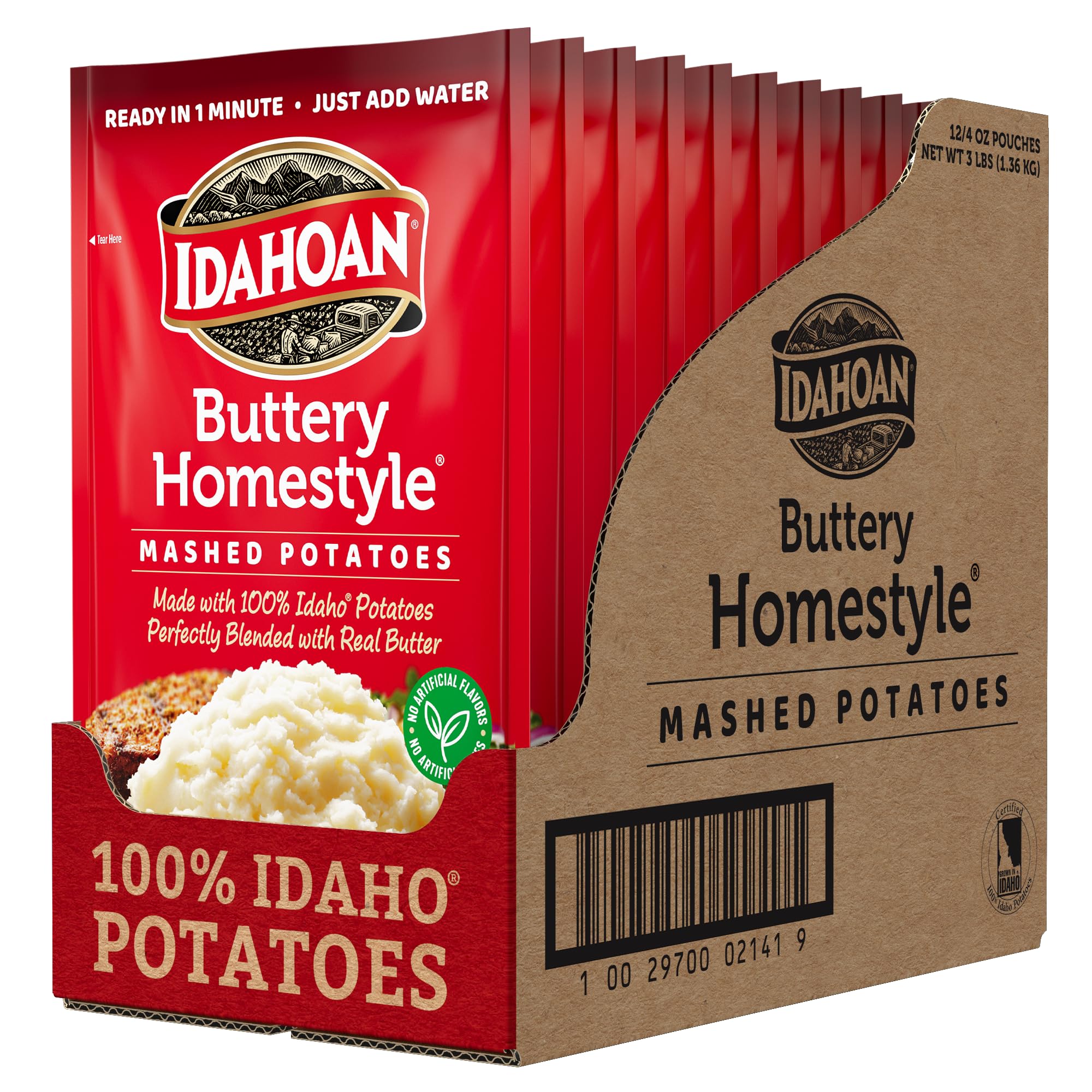 Idahoan front packaging showing product and convenient 12-pack benefits