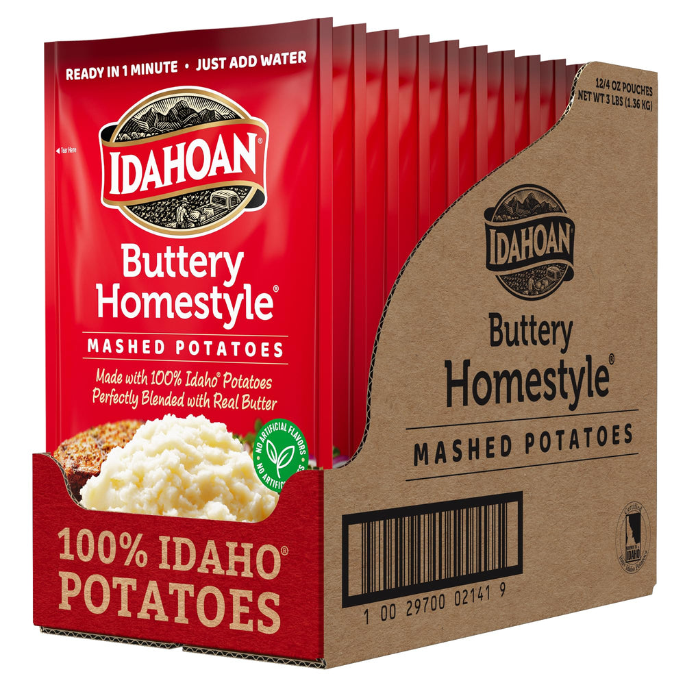 Idahoan front packaging showing product and convenient 12-pack benefits