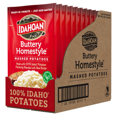 Idahoan front packaging showing product and convenient 12-pack benefits