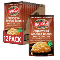 Idahoan front packaging shows applewood smoked bacon mashed potatoes, clear pantry stocking benefit