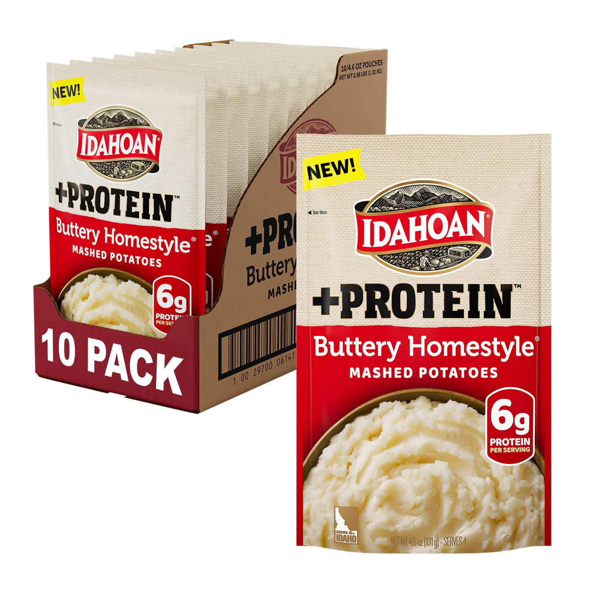 Idahoan front packaging showing buttery homestyle +protein benefits