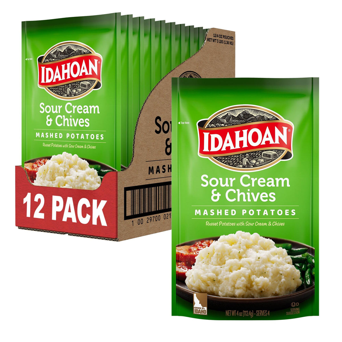 Idahoan front packaging showing Sour Cream & Chives and benefits