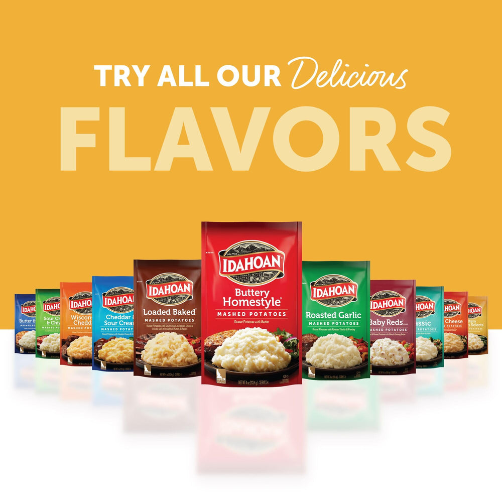 Idahoan label highlighting 100% real Idaho potatoes and naturally gluten-free benefit