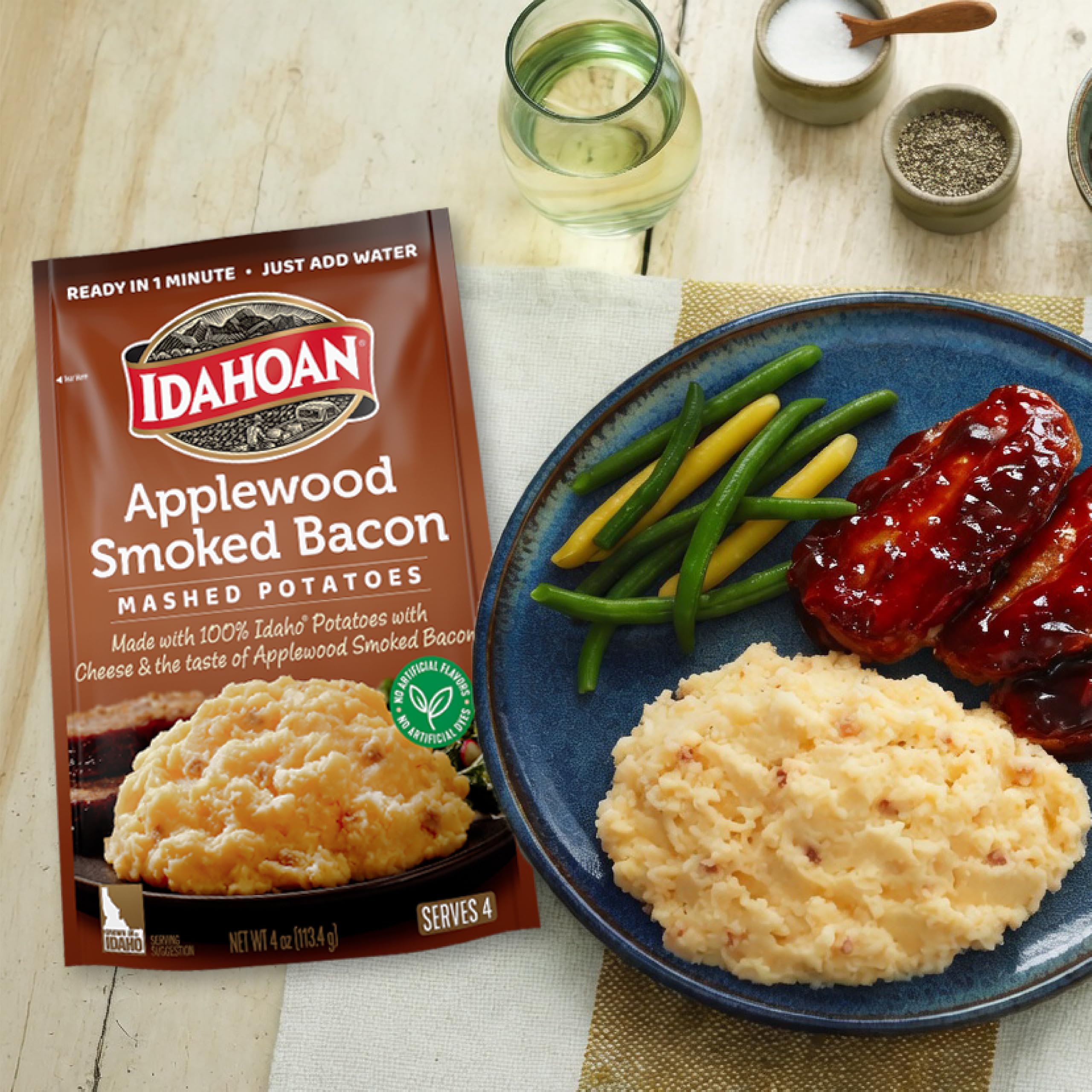 Idahoan family dinner table with mashed potatoes, comforting shared-meal benefit