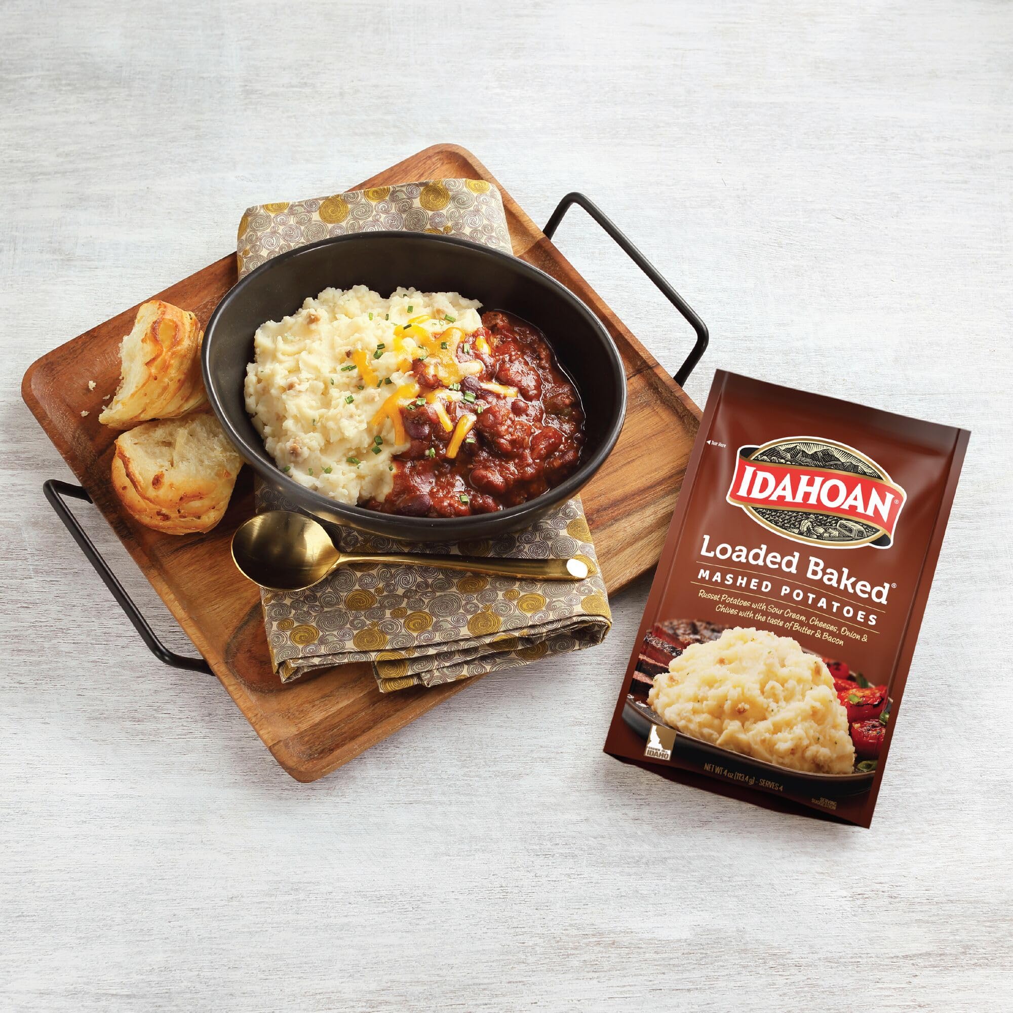 Idahoan pouch used at campsite showing quick hot-meal convenience