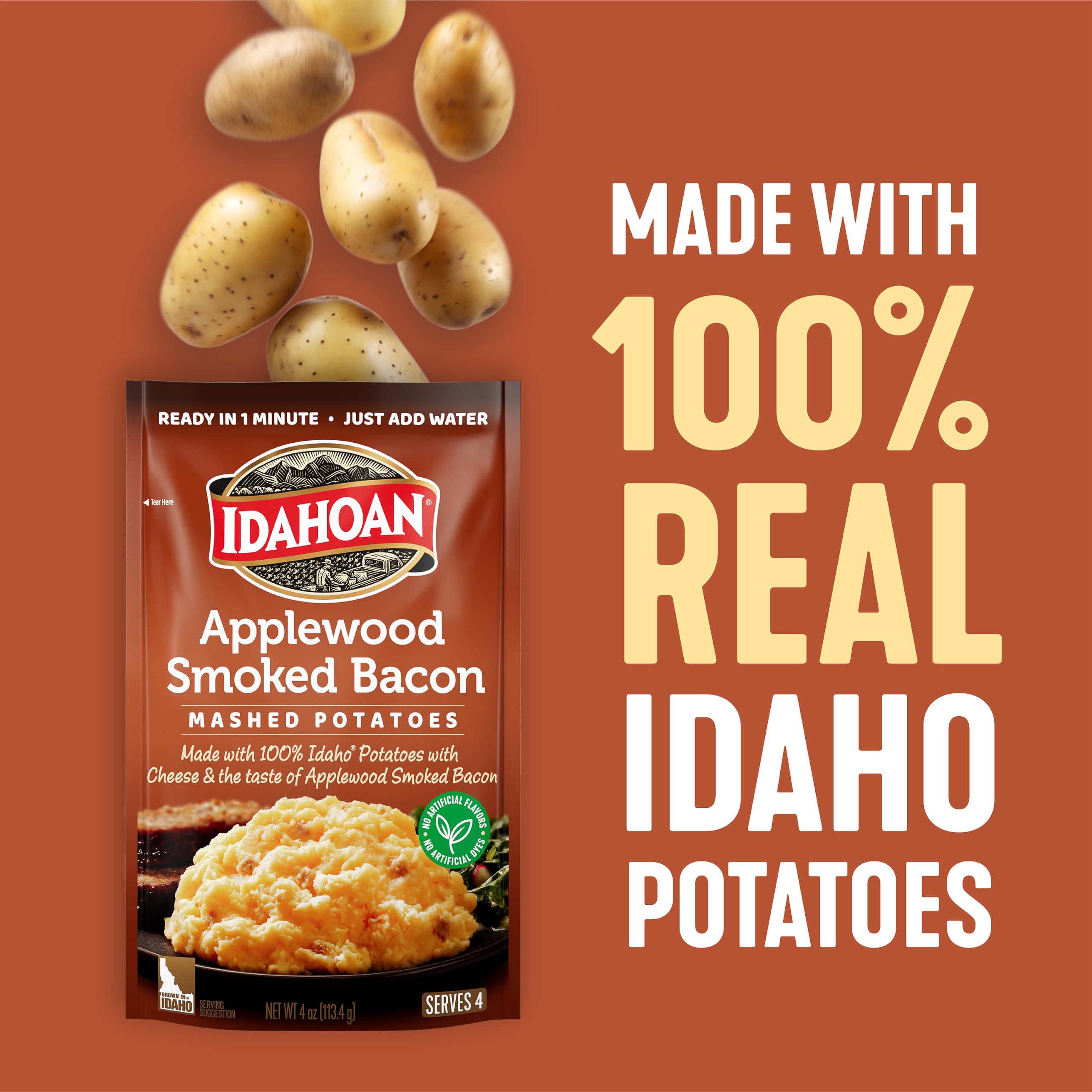 Idahoan open pouch reveals dry potato mix texture, illustrating quick-prepare convenience