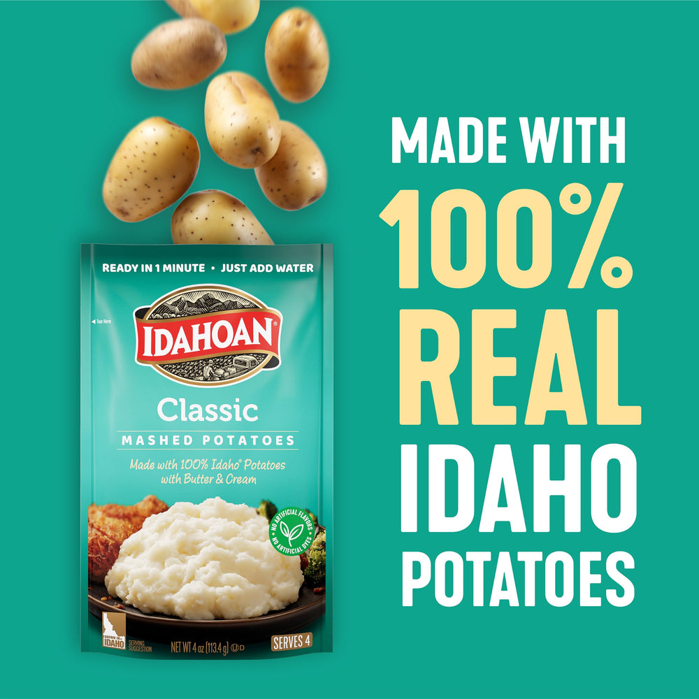 Idahoan open pouch close-up showing fluffy potato texture and convenience