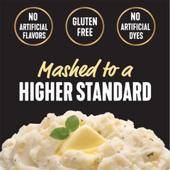 Idahoan open pouch next to prepared potatoes showing quick preparation benefit