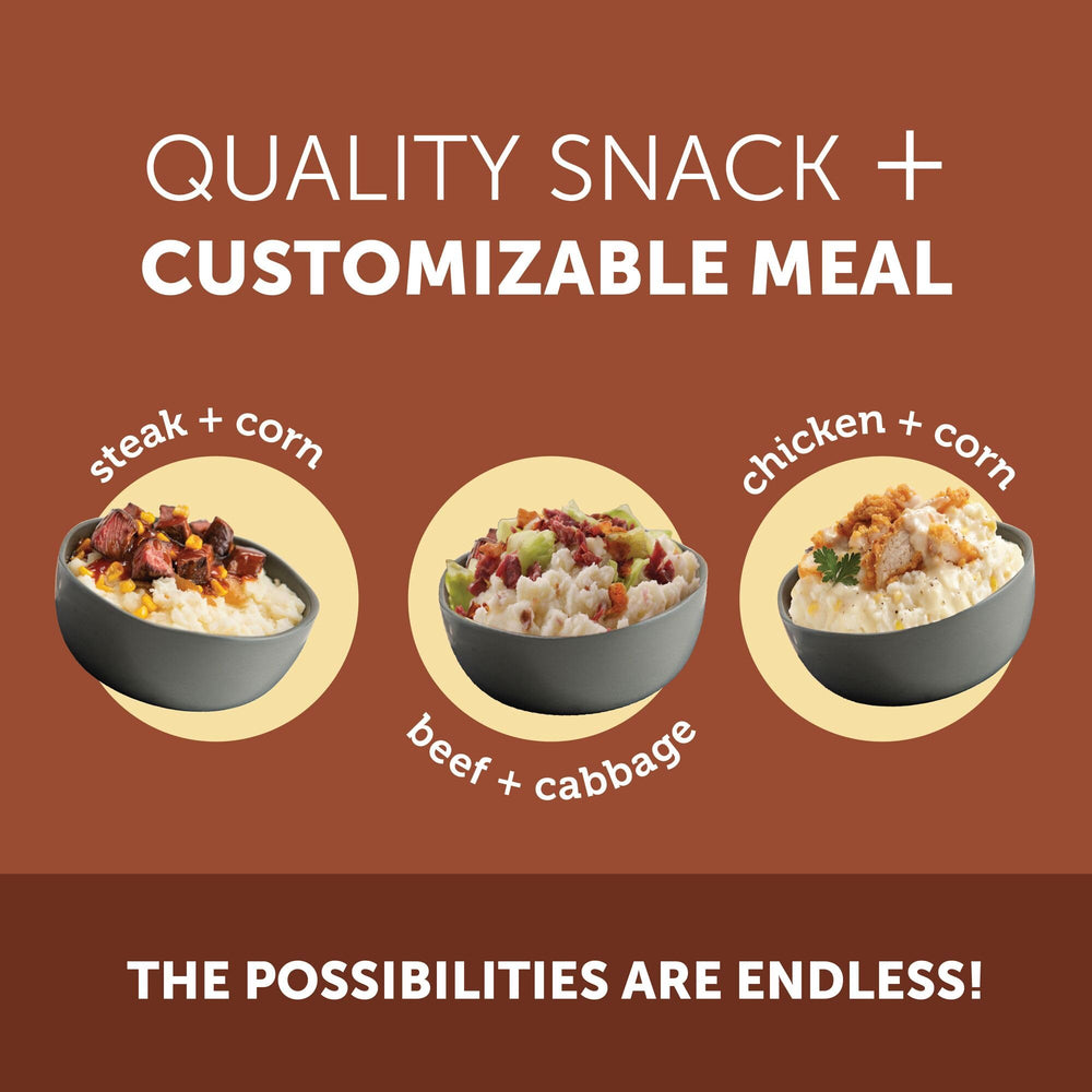 Idahoan pouch next to hand showing pouch size and convenience benefit