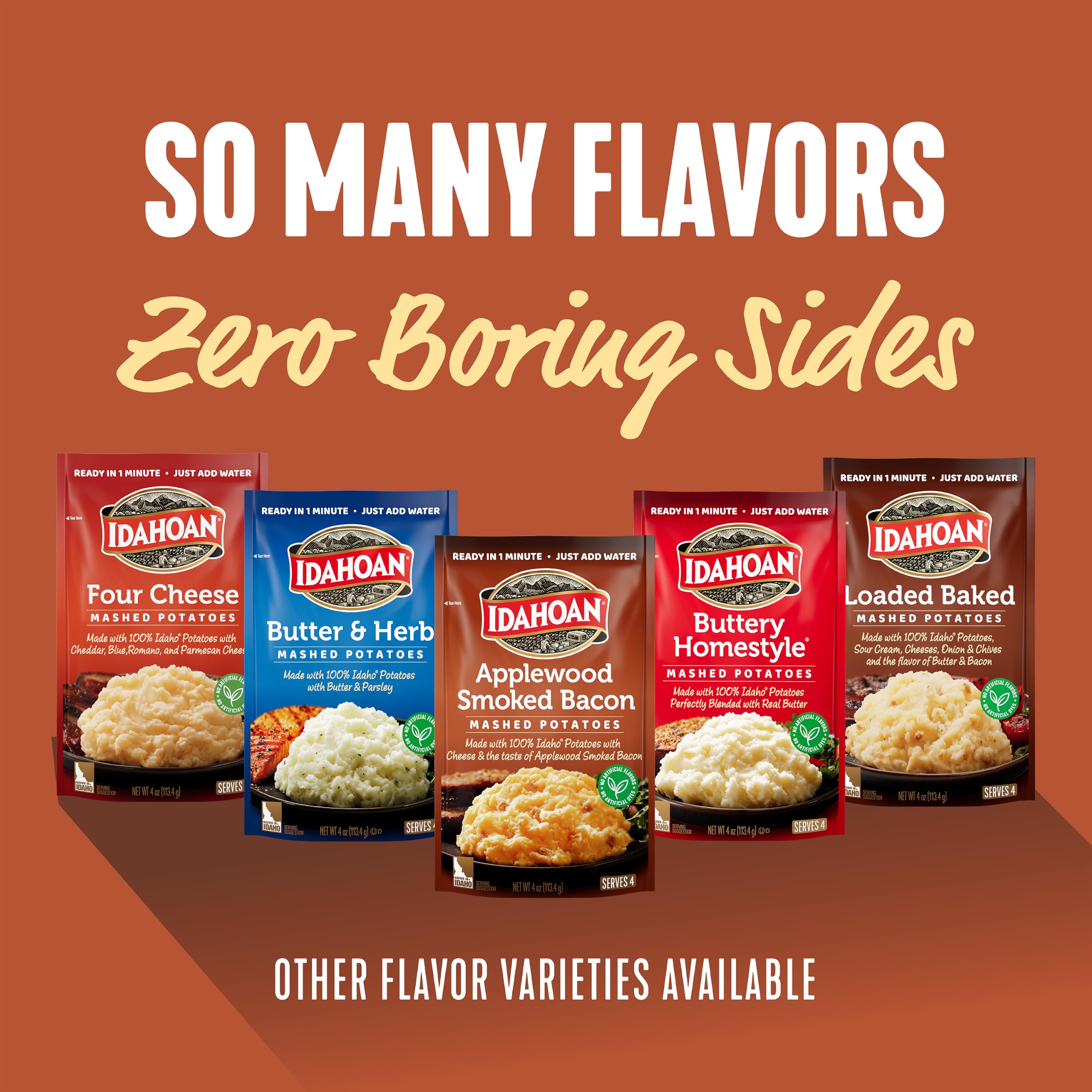 Idahoan stacked pouches in pantry, long-lasting storage and emergency-ready benefit