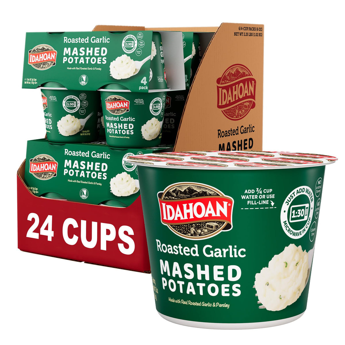 Idahoan front packaging showing roasted garlic flavor and multi-count convenience