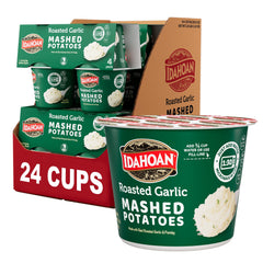 Idahoan front packaging showing roasted garlic flavor and multi-count convenience