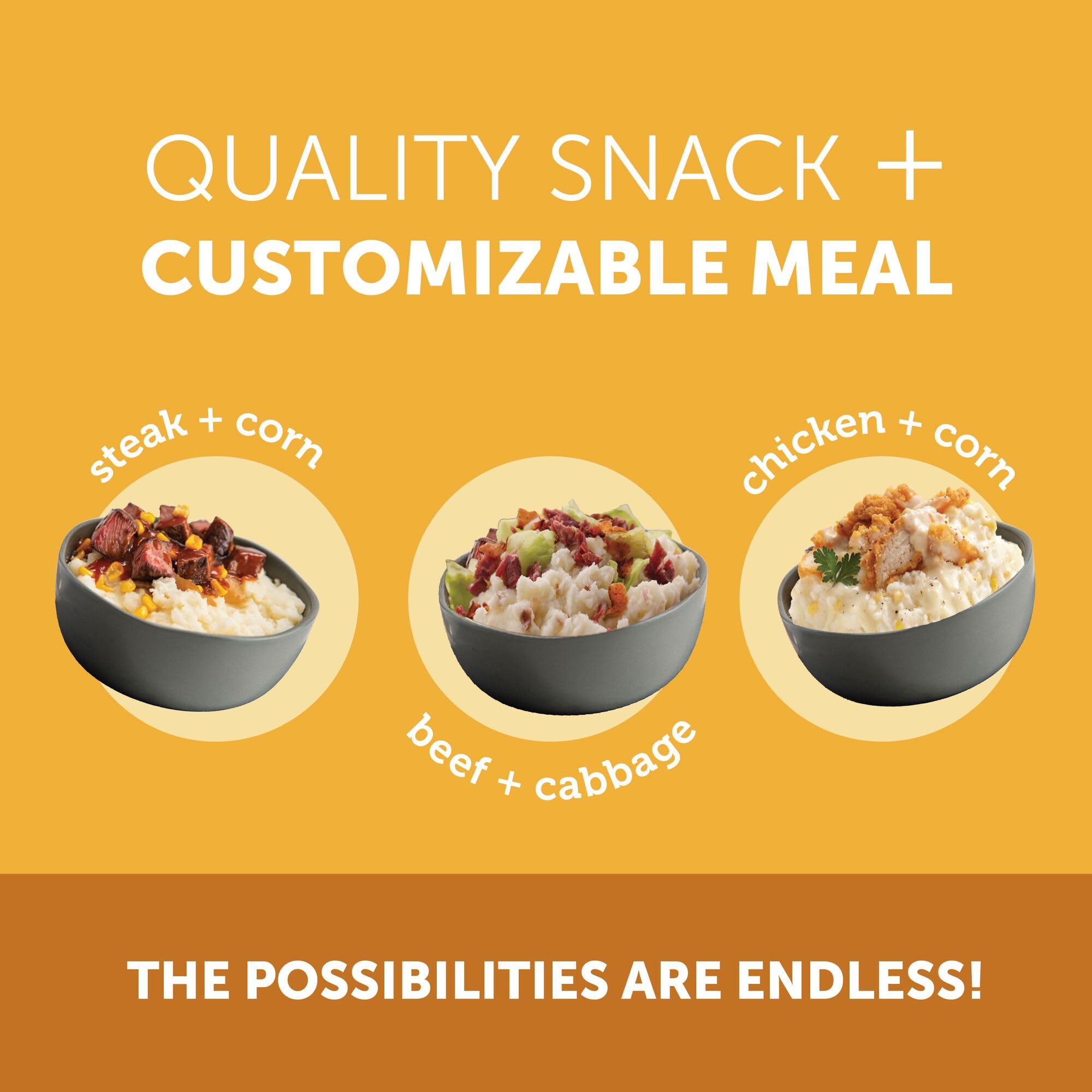 Idahoan portion comparison showing four half-cup servings per 4.1 oz pouch for planning