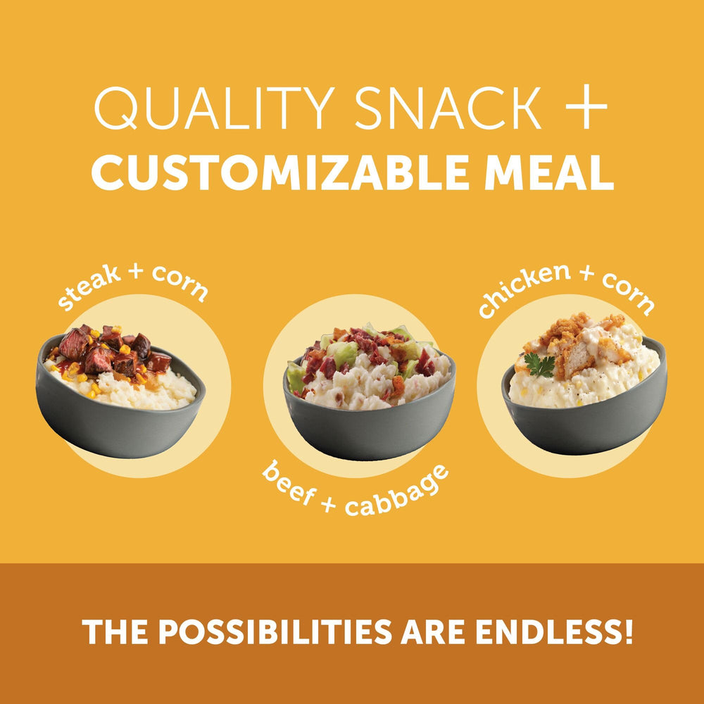 Idahoan portion comparison showing four half-cup servings per 4.1 oz pouch for planning