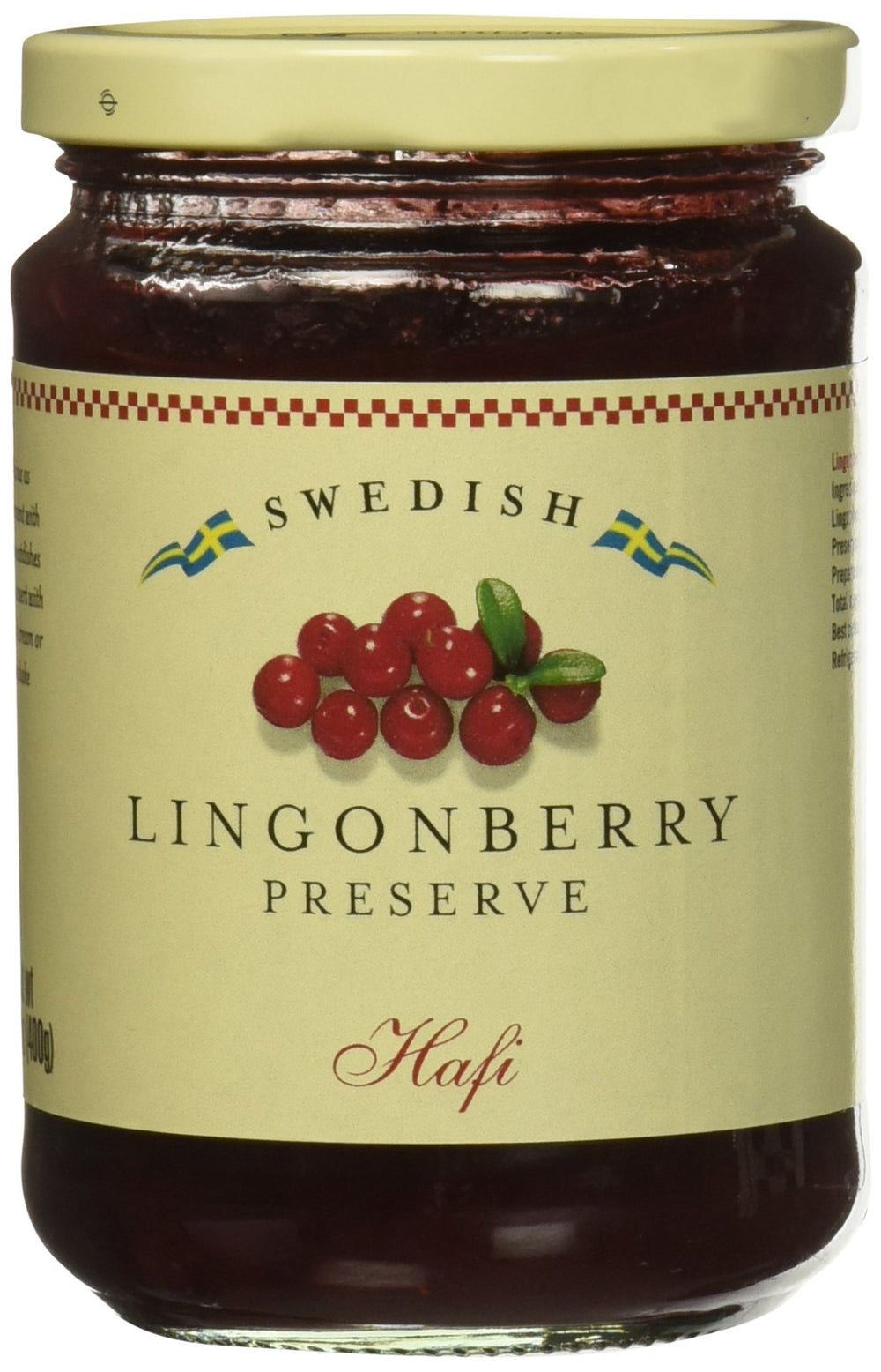 IKEA Hafi lingonberry preserves jar front view showing label and serving suggestion