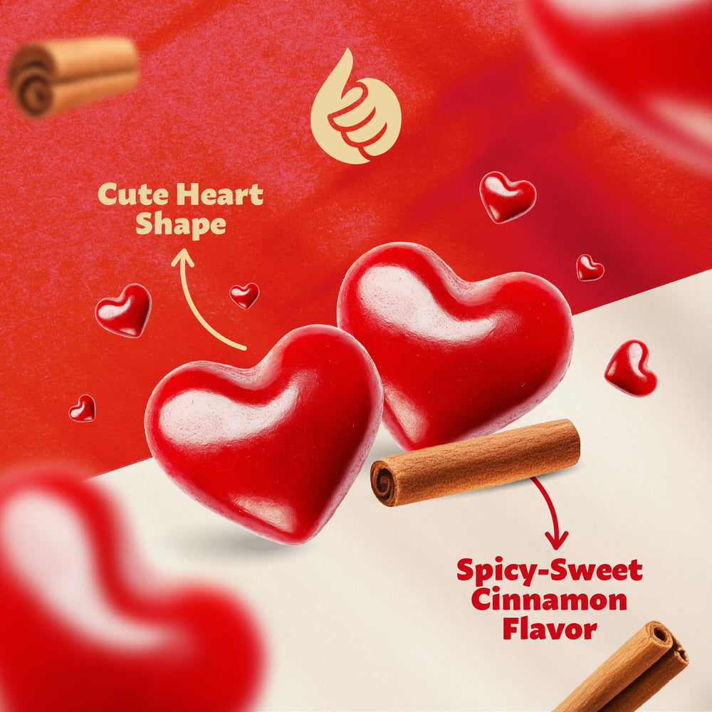 ILIKE! loose cinnamon hearts scattered on table for snacking convenience