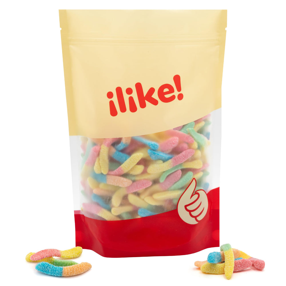 ILIKE! bowl of neon gummy worms on table showing shareable snack benefit
