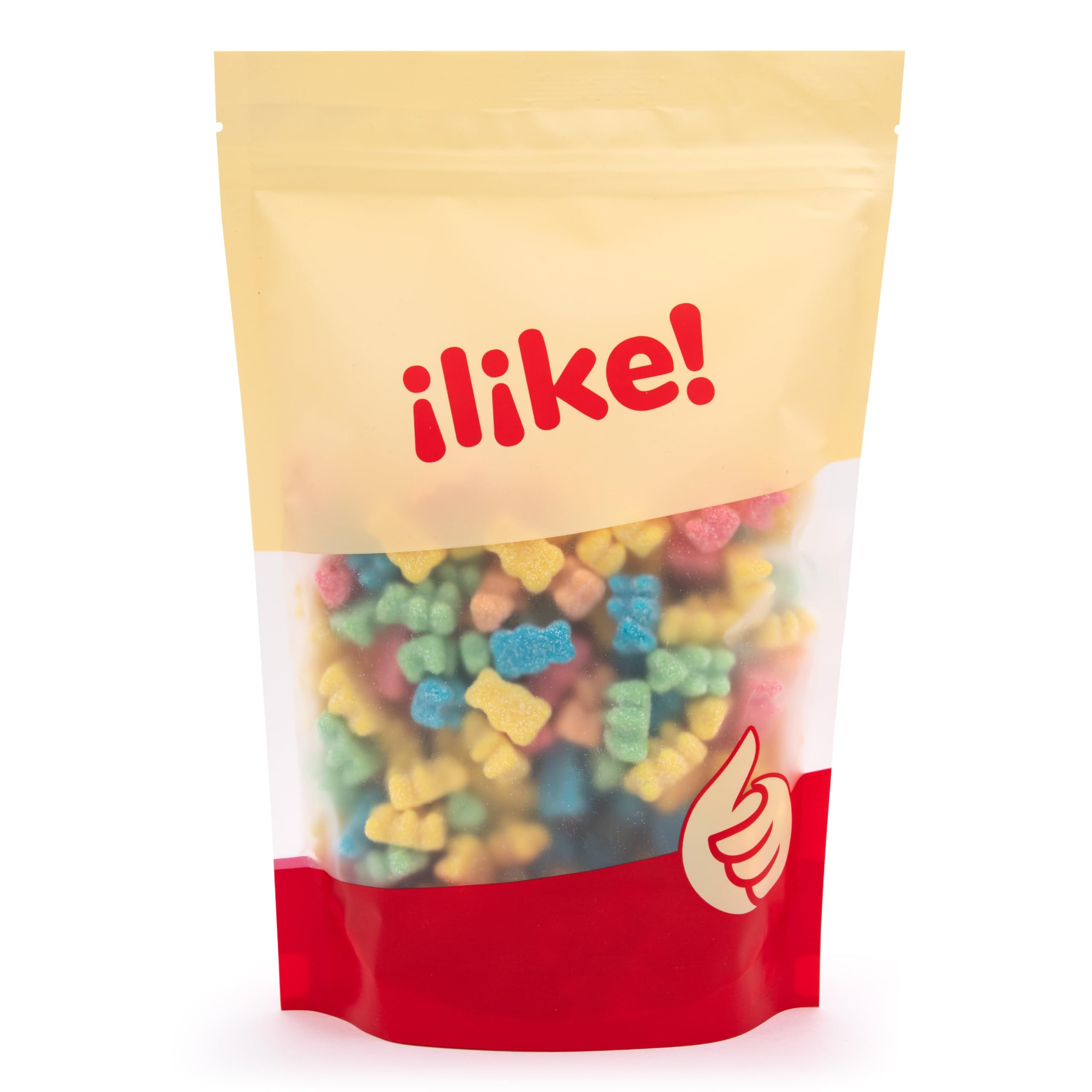 ILIKE! handful of neon gummy bears showing portion size and easy snacking