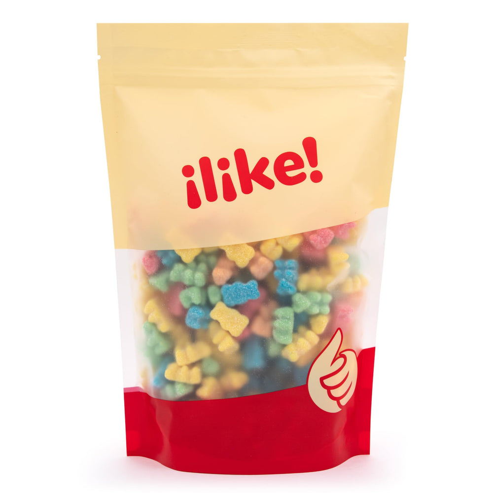 ILIKE! handful of neon gummy bears showing portion size and easy snacking