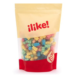 ILIKE! handful of neon gummy bears showing portion size and easy snacking