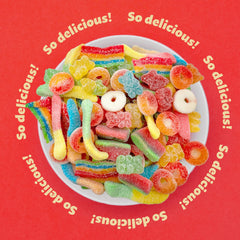 ILIKE! assorted sour gummy spread highlighting variety and bright colors