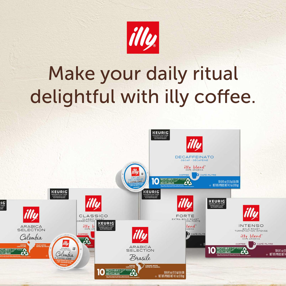 illy label and whole Arabica beans close-up showing quality sourcing