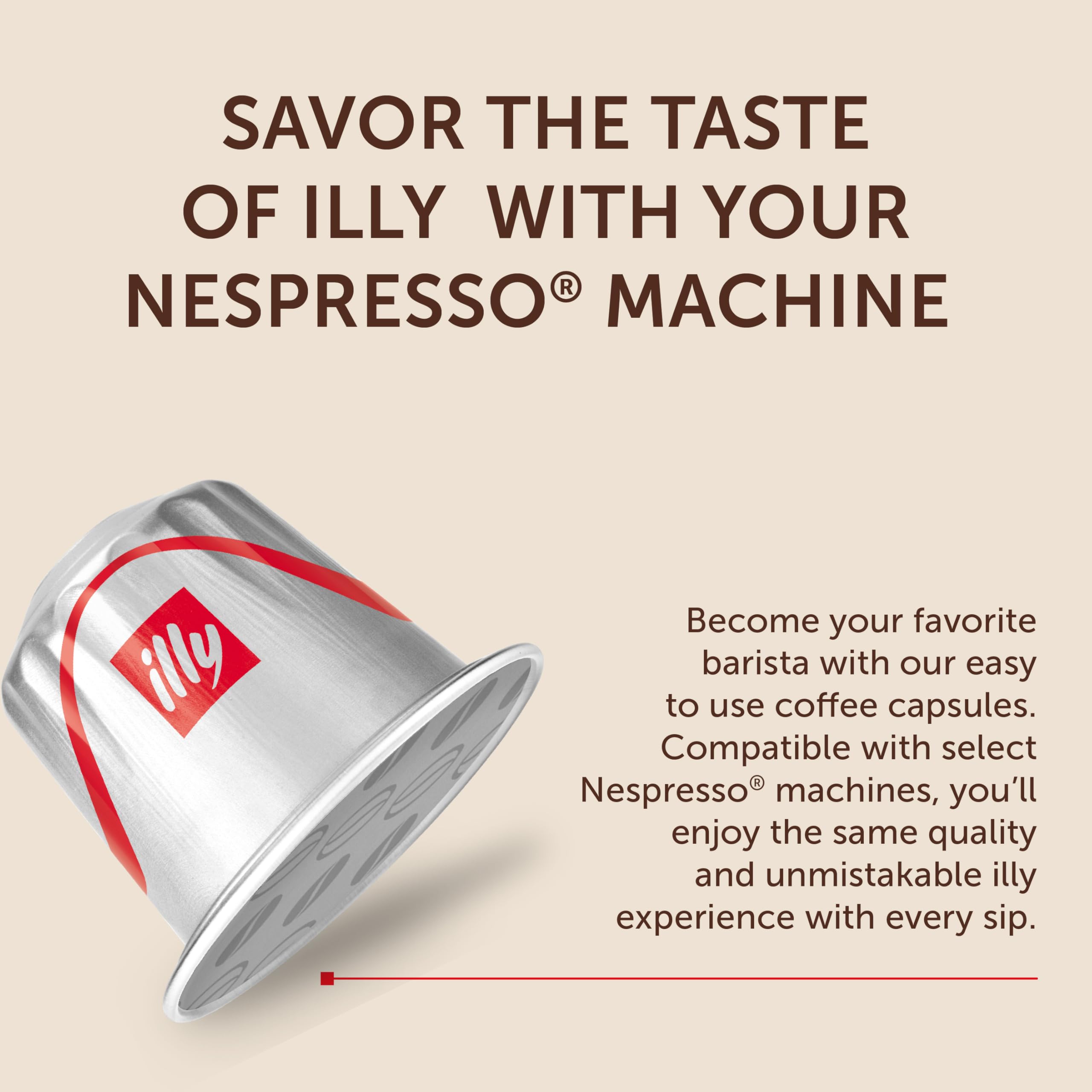 coffee beans beside illy capsule showing 100% Arabica origin and quality