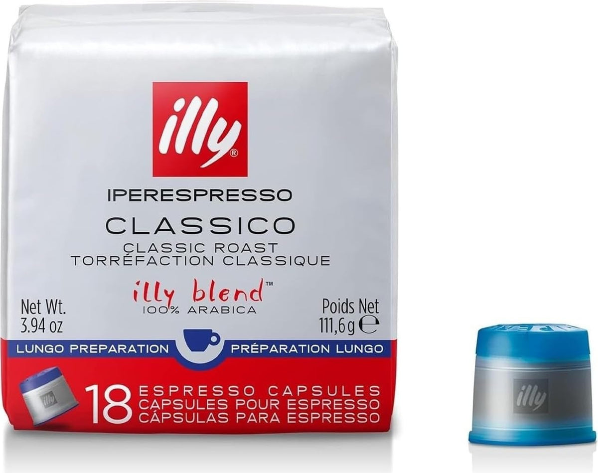 illy front packaging showing 18-count pods and Italian branding for convenient brewing