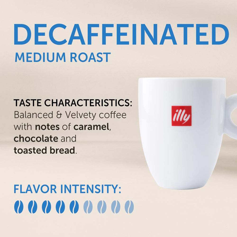 close-up of illy decaf whole beans showing roast texture and consistent color
