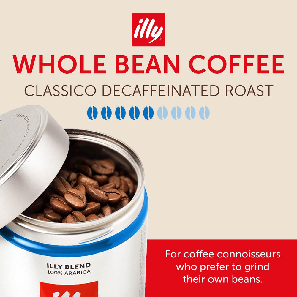 illy decaf whole beans close-up highlighting bean quality and visible roast