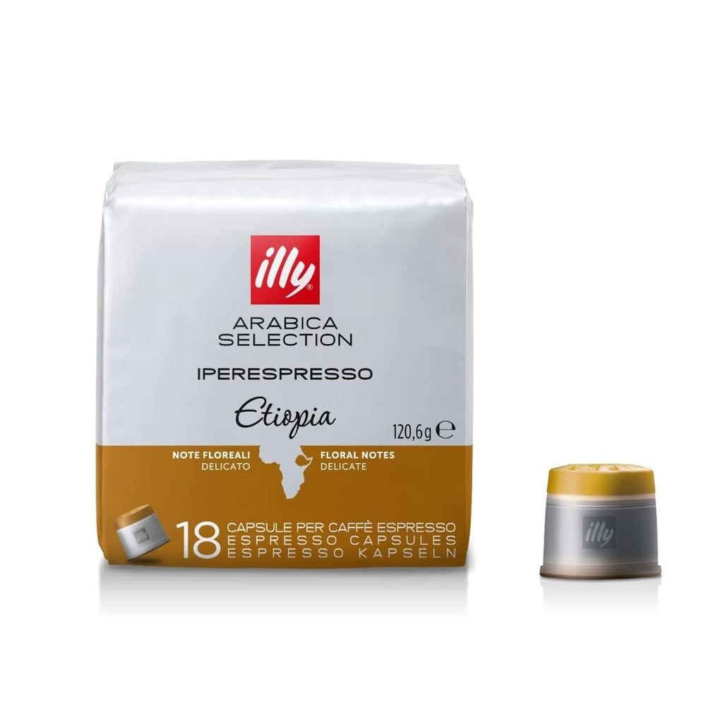 illy Ethiopia front packaging showing 18-count and single-origin benefit