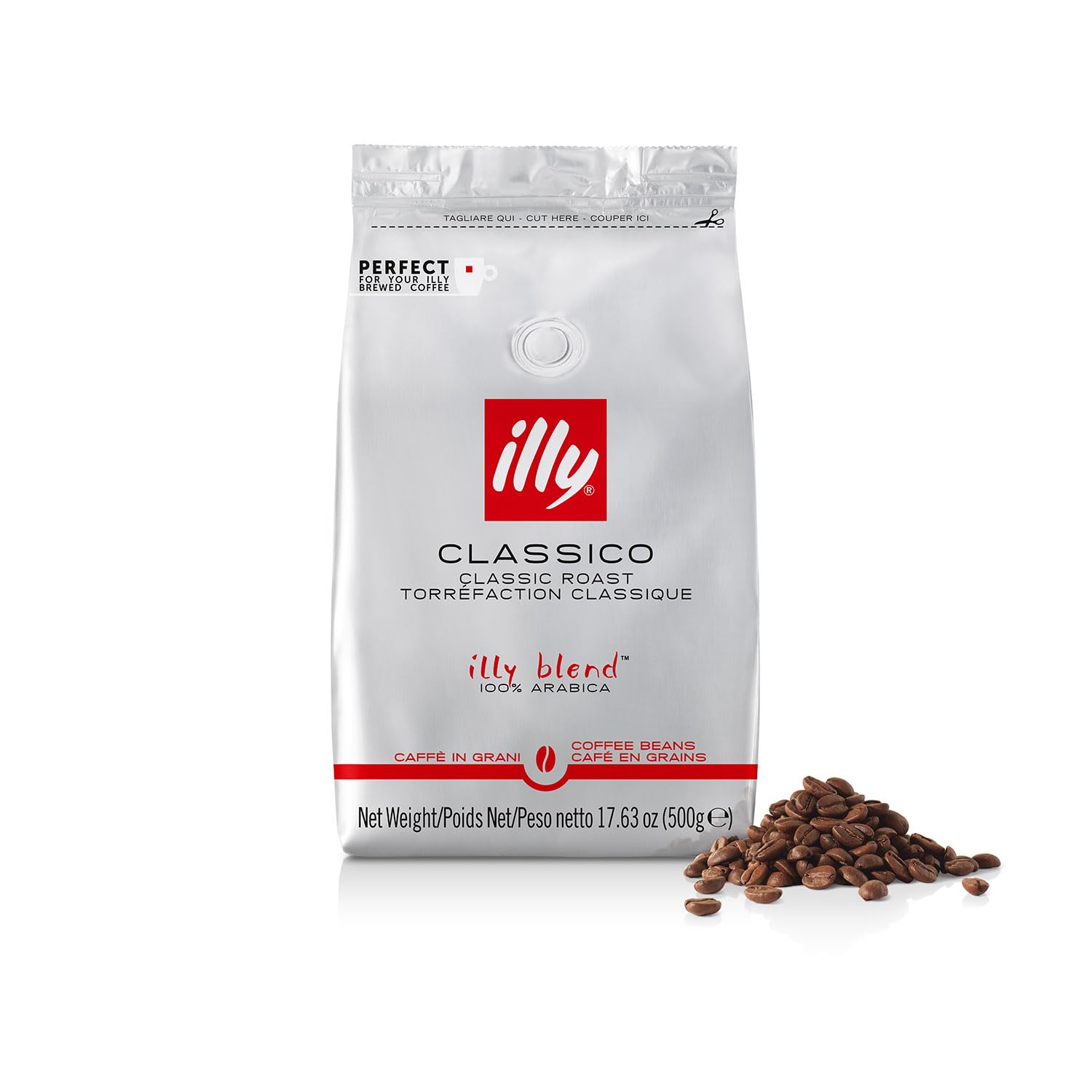 illy front packaging showing 17.6 oz bag and preserved aroma benefit