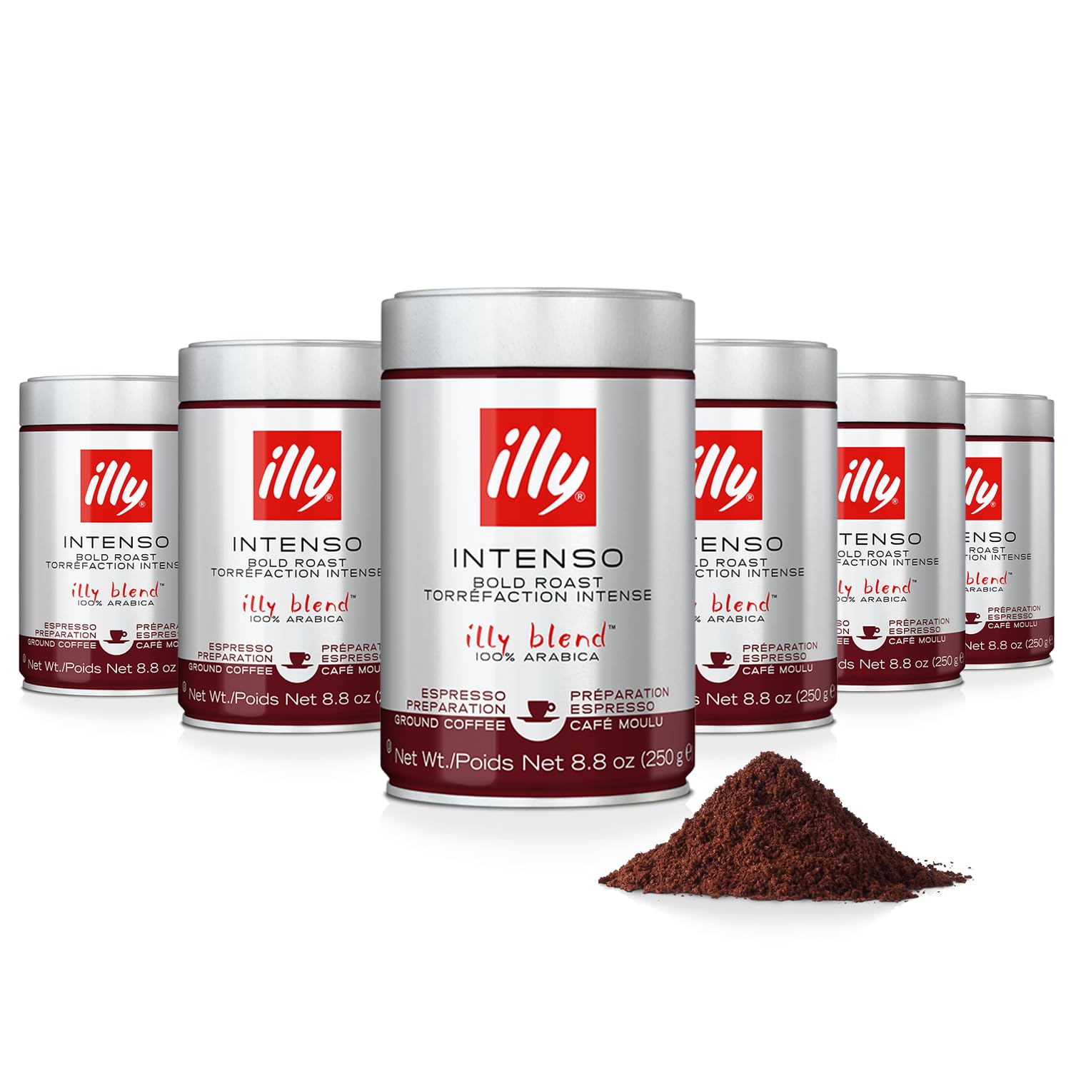 illy Intenso front jar showing dark-roast branding and bold packaging, consistent flavor