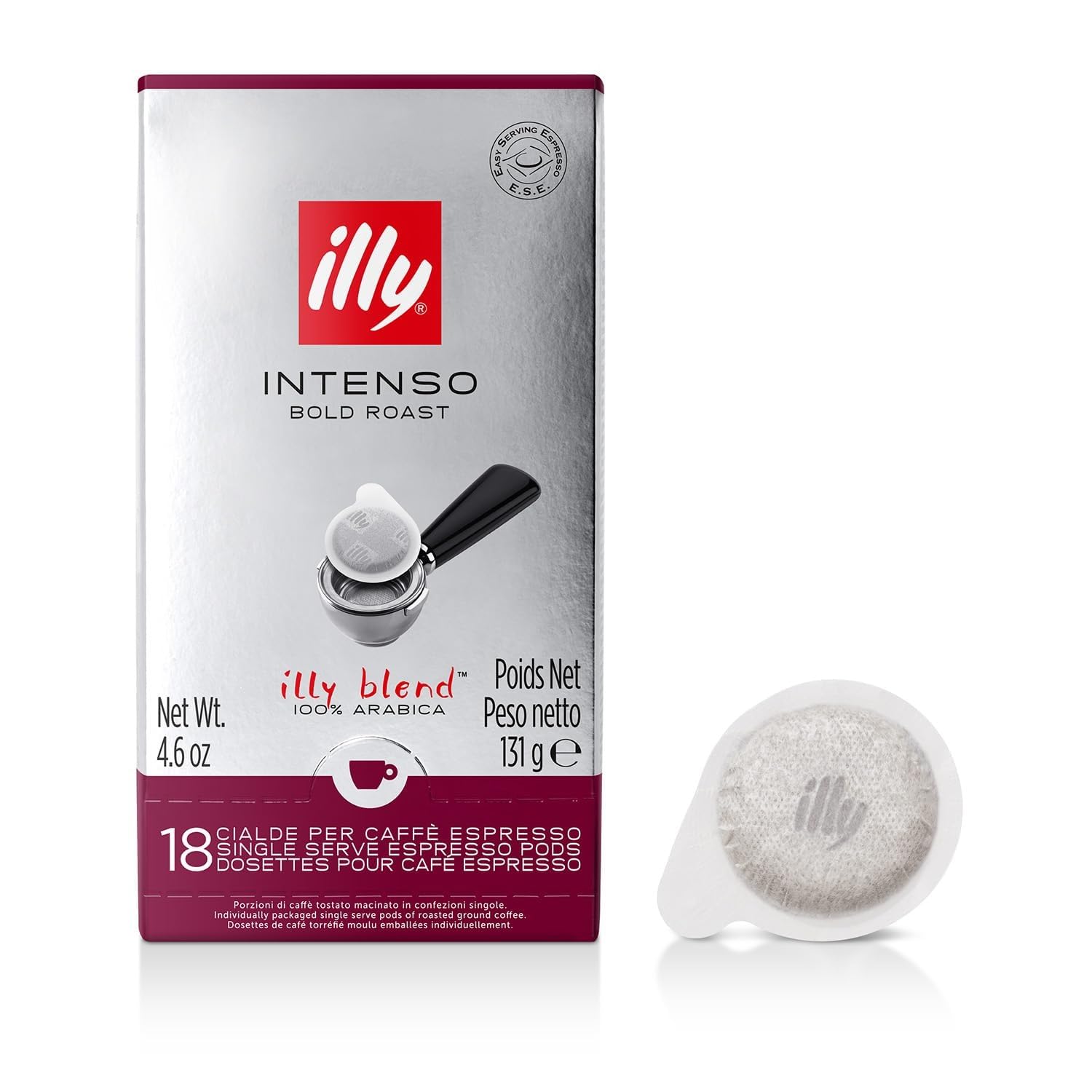 illy front packaging showing 18-count pods and clear branding for consistent espresso