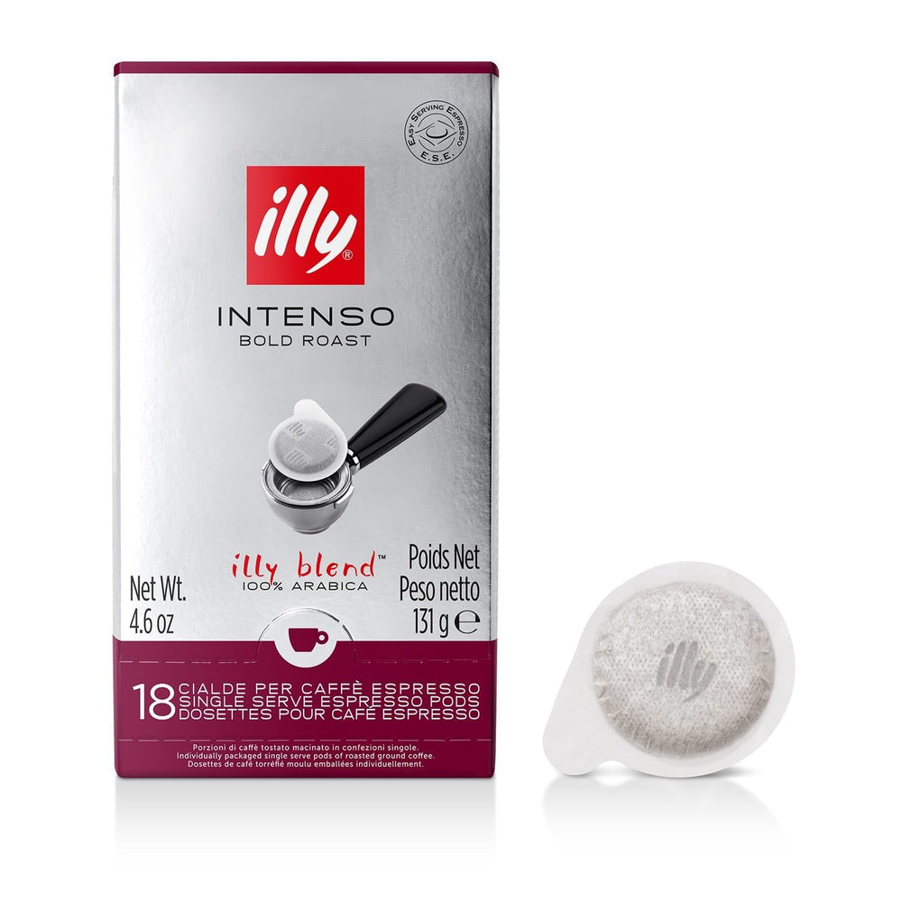 illy front packaging showing 18-count pods and clear branding for consistent espresso