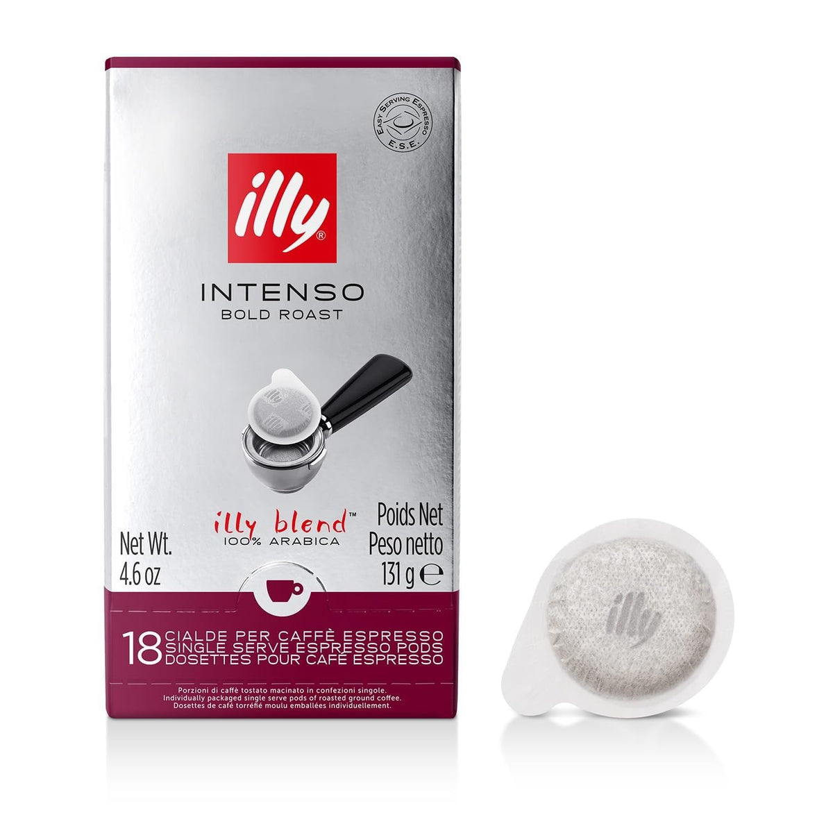 illy front packaging showing 18-count pods and clear branding for consistent espresso