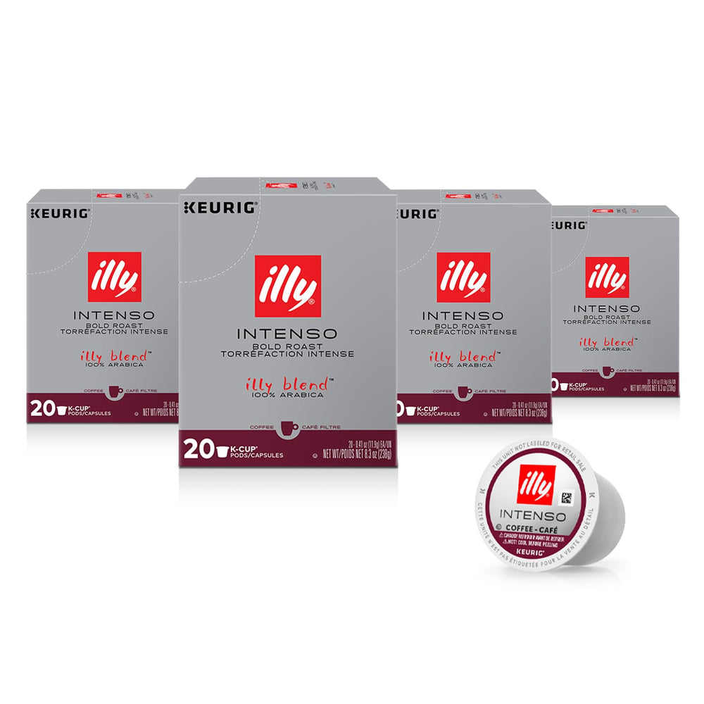 illy front packaging showing 20-count 4-pack and bold branding for convenience