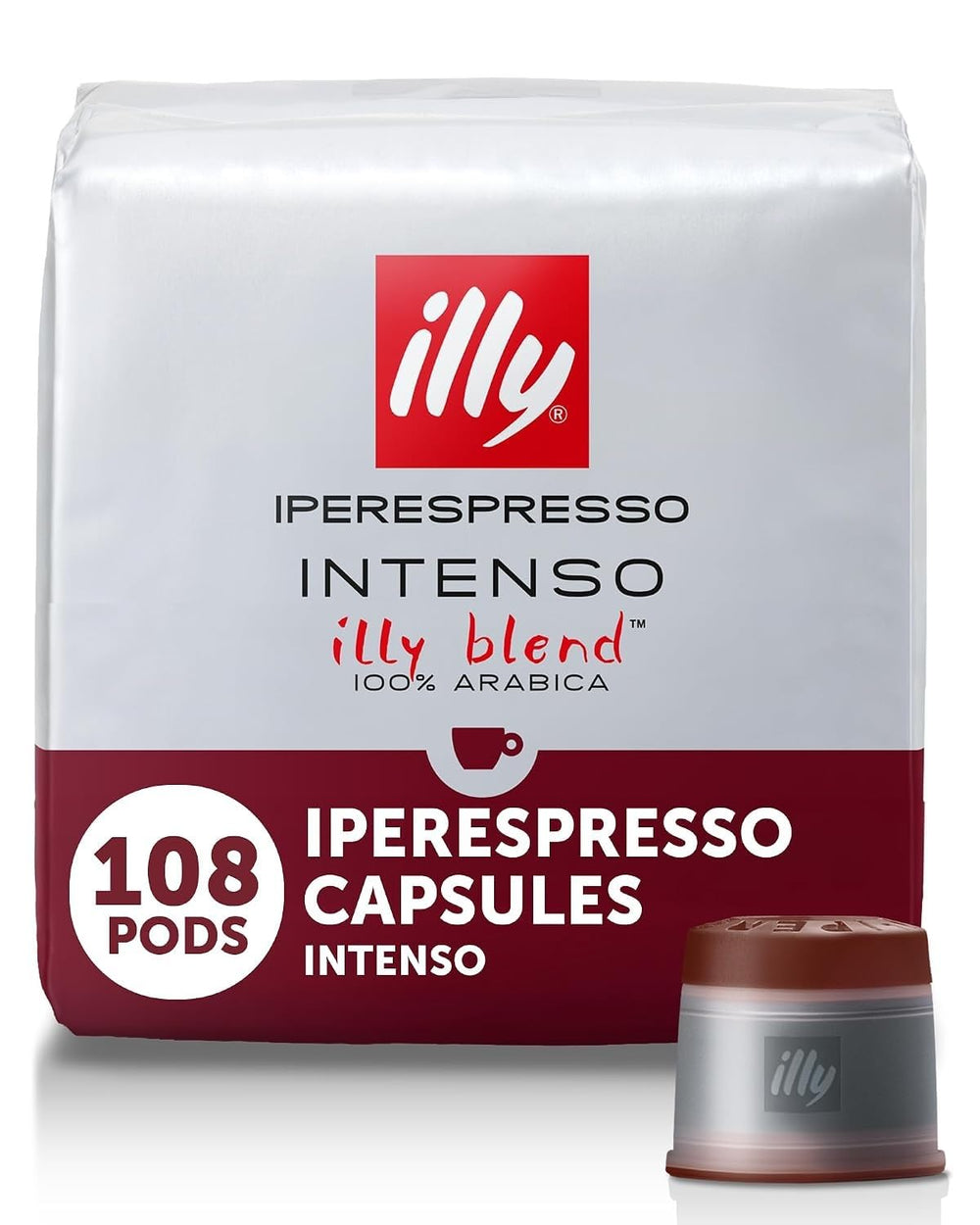 illy front packaging showing Intenso dark roast capsules and bold branding benefit convenience